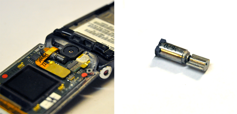 Figure 12-3. Vibrate on most devices is coarse, and is provided by a simple motor with an off-center weight. Here, it is the silver cylinder between the camera and the external screen; the motor is mostly covered by a ribbon cable. It is mounted into a rubber casing, to avoid vibrating the phone to pieces, but this also reduces the fidelity of specific vibrate patterns, if you were to try to use it for that purpose. The figure on the right shows the motor assembly on its own.