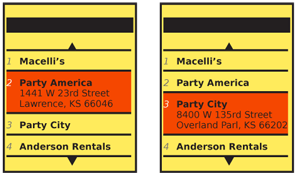 As each item comes into focus, it is expanded and additional information is presented. This only works well on scroll-and-select devices, and generally one item will always be in focus, and expanded. Here, the second item is in focus, then the user scrolls down one to make the third item in focus.