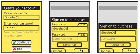 These three examples show how space can be saved with efficient labeling and hint techniques. However, each compressed item also risk reduced readability and confusion. Field labels inside the form are suitable for single-use forms like this, but should be avoided when pre-populated information or re-visiting of the form is likely. The user may not know what each field is for once the information is entered.