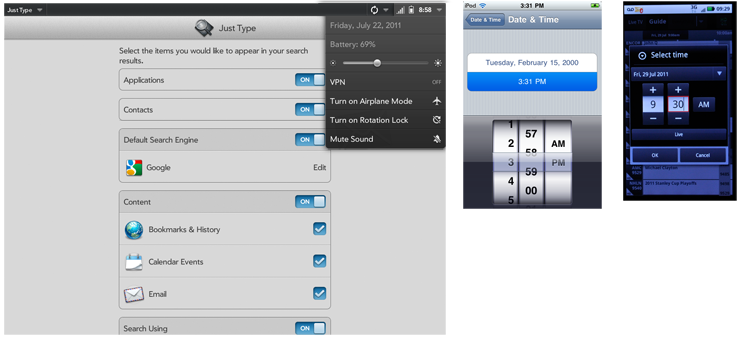 Figure 11-2. Gestural interfaces can benefit from simulating physical objects, even for form selections. Make switches actually slide, and use thumbwheel-like spinners to replace short select lists.