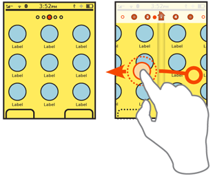 Items with no obvious index value, such as a multiple home page, can use more generic identifiers. Here, the Location Within widget appears to be used when static, but when motion begins it transitions to a larger, directly-selectable set of Location Jump indicators.