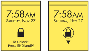 Two types of Lock Screens, clearly indicating they are locked, showing key information (date, time, system status above the rule, removed for clarity), and indicating how to unlock the device.