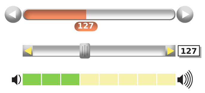 Three of many ways a Tape control can be depicted, and intracted with. Increment and decrement controls are placed at either end of the bar, but do not need to be. The current value is either with the pointer, or at the end. On the middle one, the value is inside a text input field, so is easily editable directly. The bottom one increments the Tape by dividing it into segments, and the direction of the scale is depicted by icons at each end whcih may or may not also serve as increment buttons; the pointer will snap to the center of each increment to make that restriction clearer.