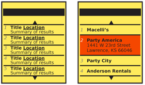 Returned results lists may be simple, include several lines of information (left) or use display methods like the Fisheye List to solve display density problems.