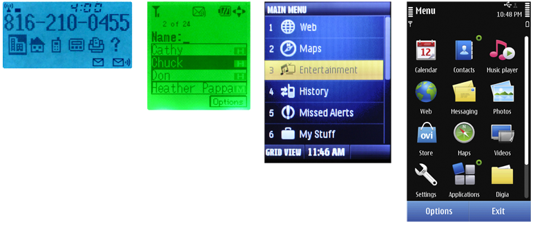 Screens from the Motorola StarTAC, Sanyo SCP-6400, Samsung Rant and Nokia N8, showing evolution from low-resolution, monochromatic LCD through OLED. Over time, screens have increased in size, color depth and resolution. Interfaces and interactions have always pushed the requirements of new screens, and taken good advantage of the technologies.