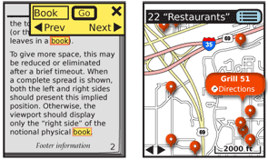 Highlight results on web pages, and within text documents simply highlight the text results, and jump to the next relevant result when selected by the user. The current item is slightly differently highlighted, and may be in focus for other interface purposes. The map to the right is displaying in essentially the same manner, using one form of icon for all results, and the item in focus has a larger one. A button is provided for a list view, and previous/next buttons are provided.