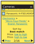 The bottom of the list should ideally have the same filter mechanism, or easy access to it (such as anchoring to the edge of the viewport). Try to make sure at least some results are still visible, so the user is aware they are still in the list view. As shown, this may preclude inclusion of some components; here, only the breadcrumb is shown. When space is short, sorting may appear only at the end of the list, and should always be explicitly different. This is centered, labeled, and uses links, even though a pulldown would work at least as well, to avoid confusion with the form elements used for the filter.